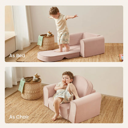 Children playing on a pink kids' bed and chair in a room with a basket and toys.