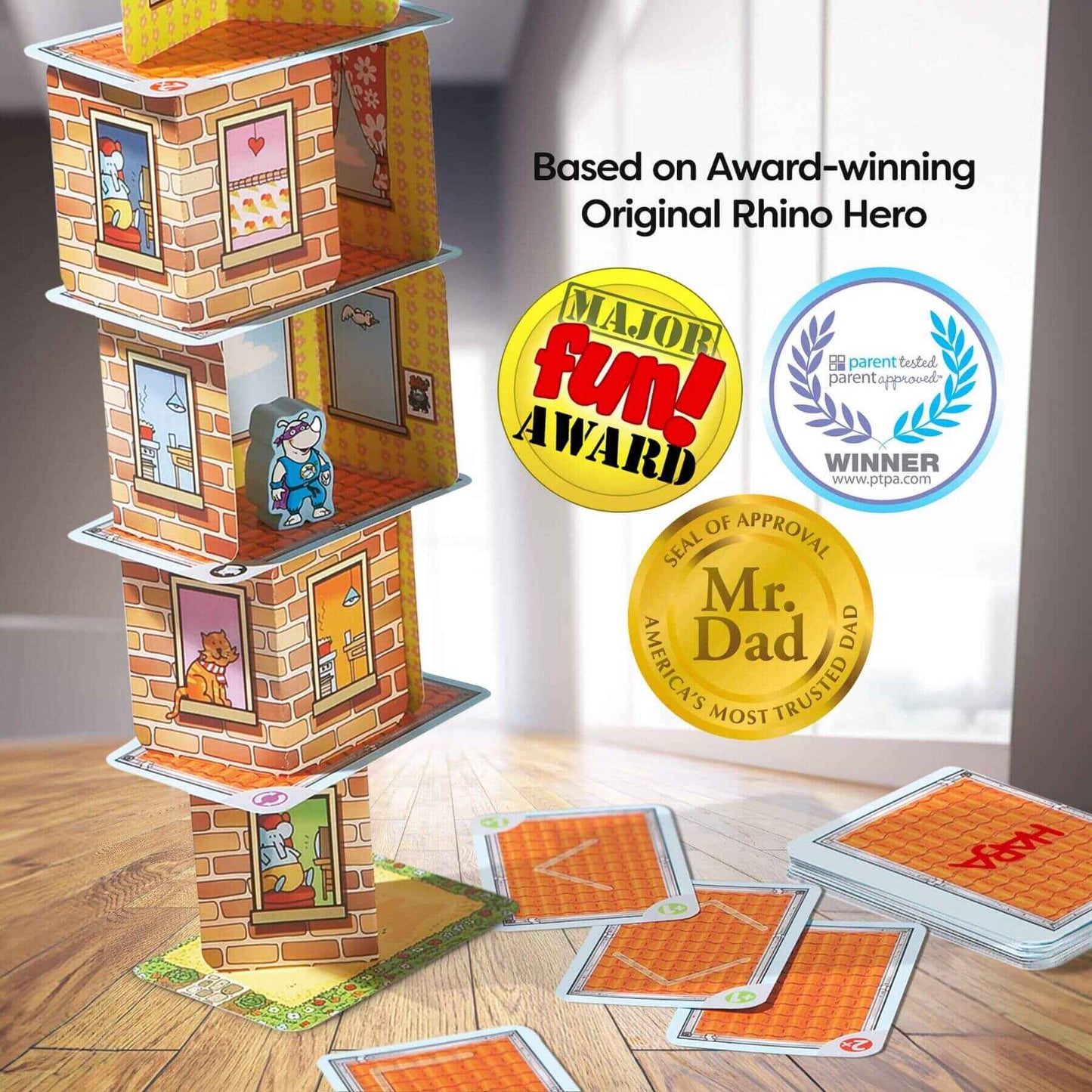 Giant Rhino Hero XXL Stacking Cards Game, featuring awards and accolades.