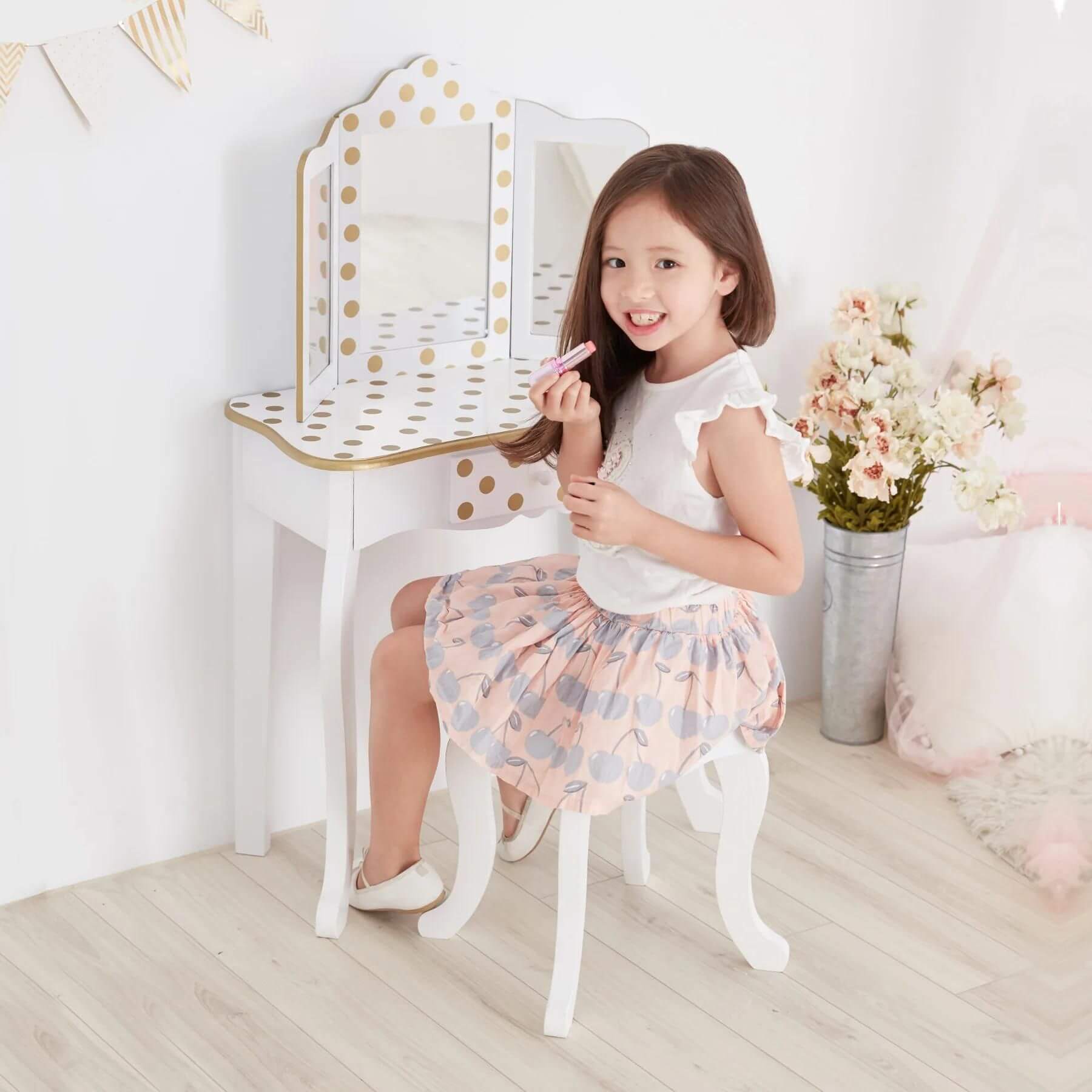 Girl Playing with Teamson Kids Gisele Polka Dot Vanity Playset White/Gold