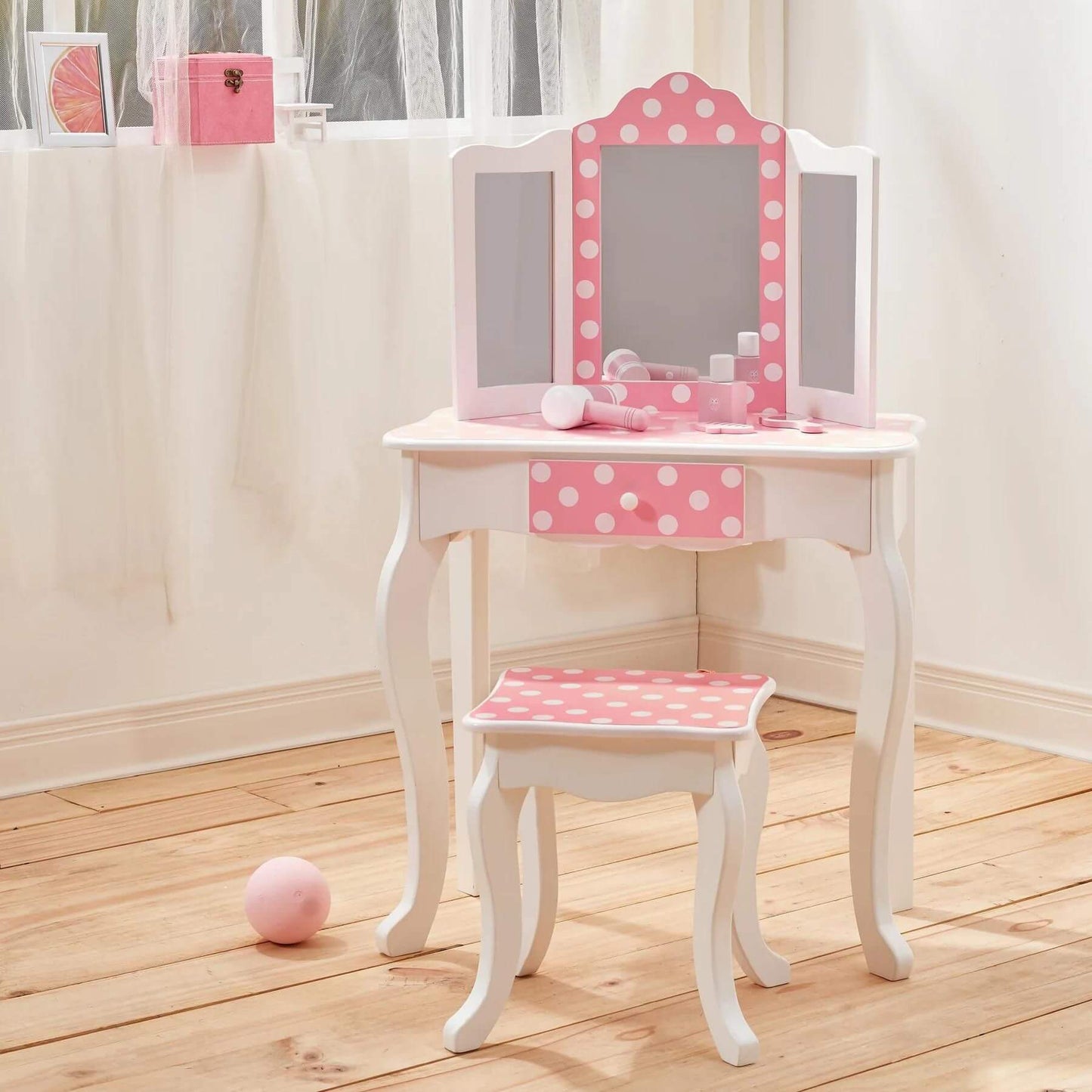 Teamson Kids Gisele Polka Dot Vanity Set with Tri-Fold Mirror Pink/White