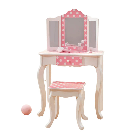 Teamson Kids Gisele Polka Dot Vanity Set with Tri-Fold Mirror Pink/White