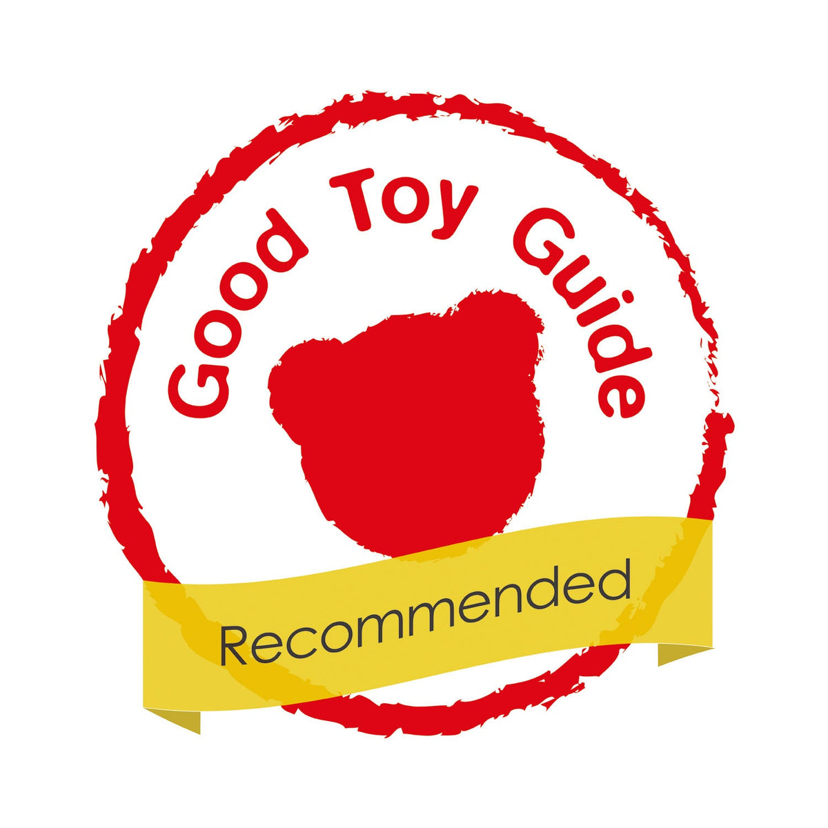 Good Toy GuideRecommended badge with red border and yellow ribbon on a white background