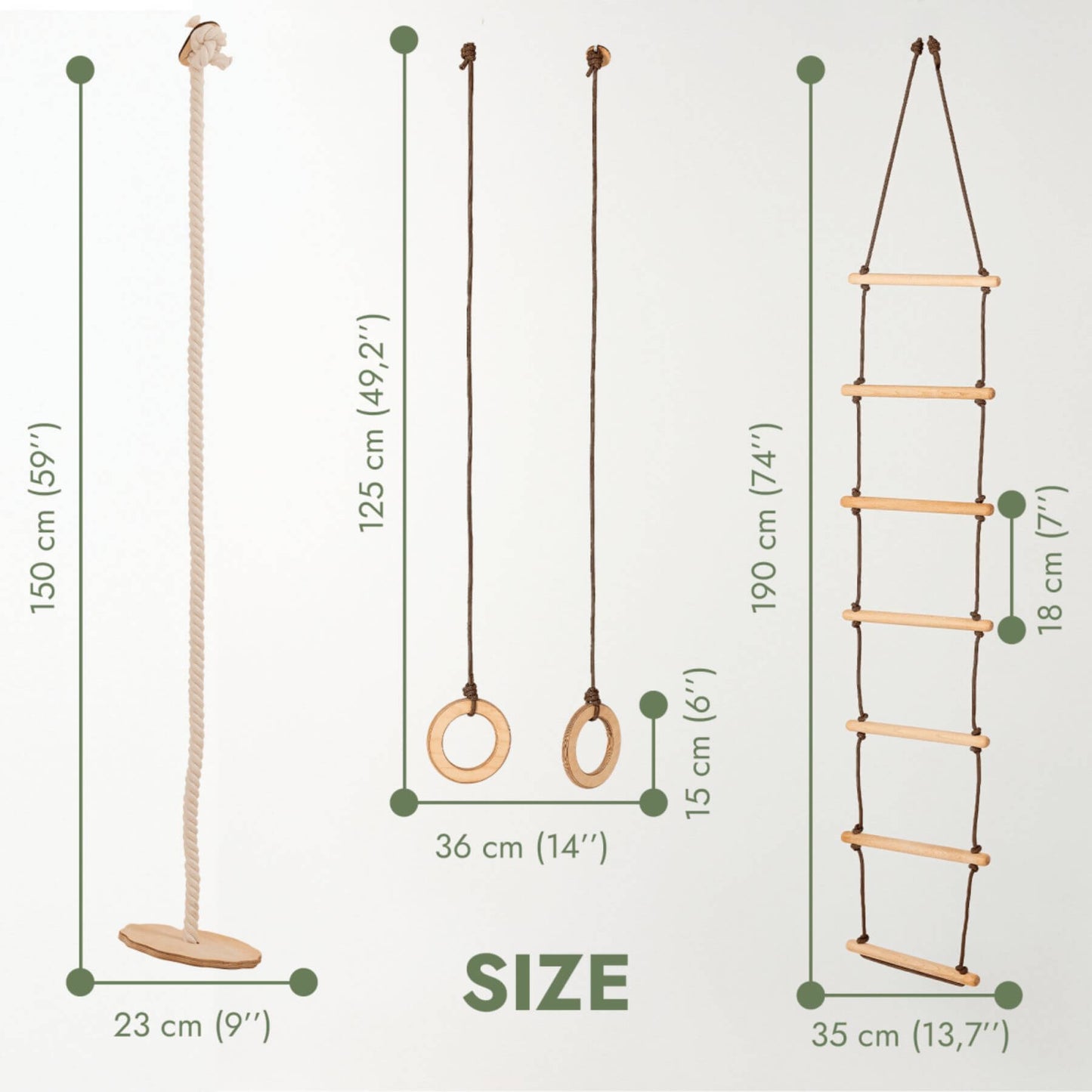 Measurement chart of a rope swing, rings, and ladder on a white background