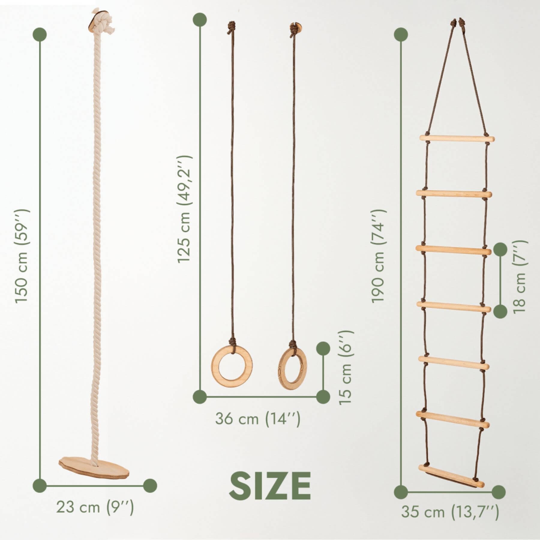 Measurement chart of a rope swing, rings, and ladder on a white background