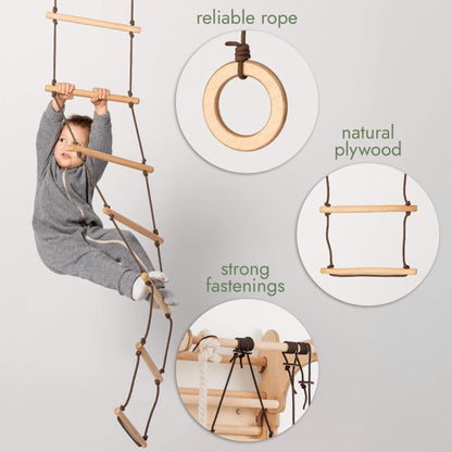 Child playing with a wooden climbing toy, surrounded by text highlighting features like 'reliable rope', 'natural plywood', and 'strong fastenings'.