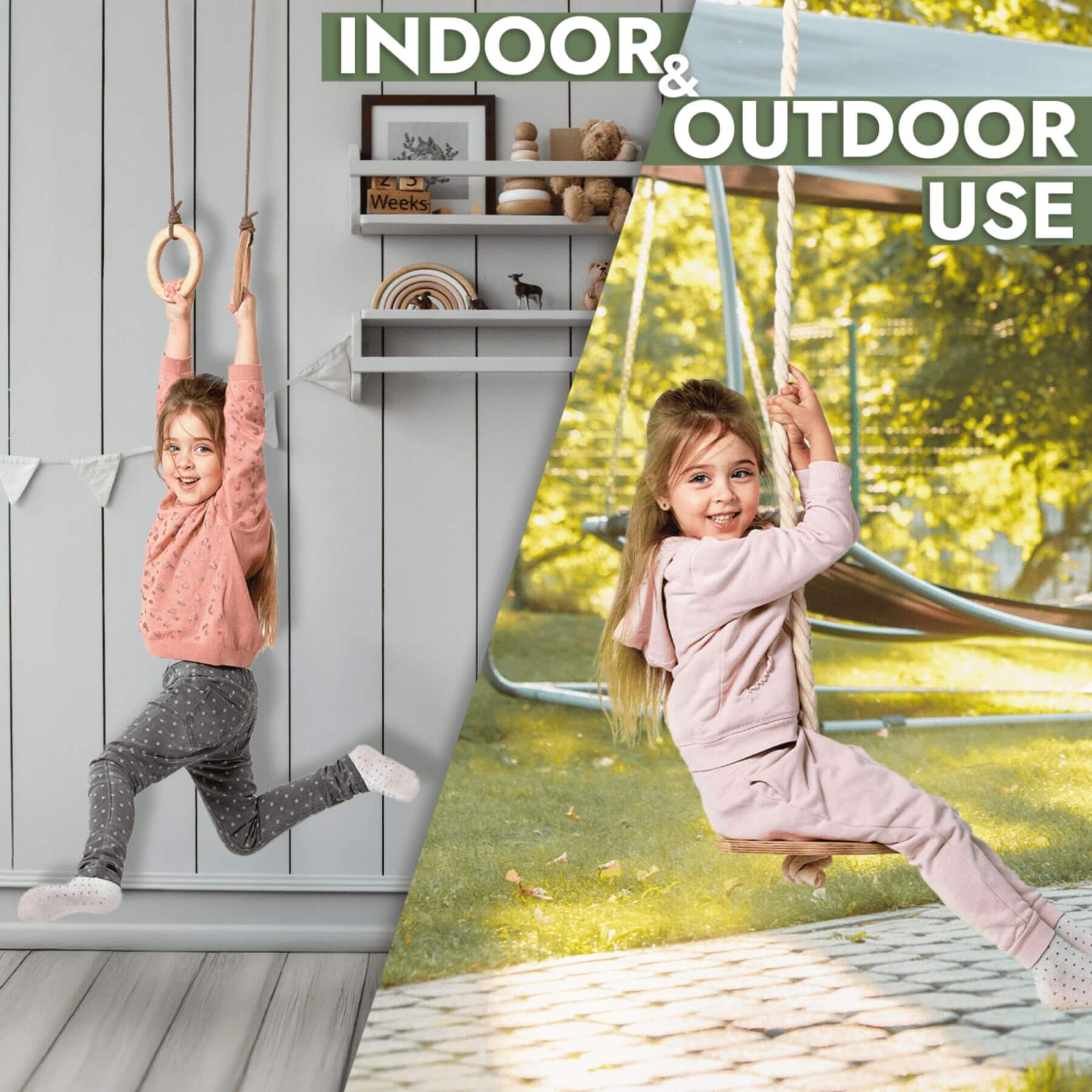 Two children playing, one indoors on a swing set and one outdoors on a swing, with text 'Indoor & Outdoor Use'.