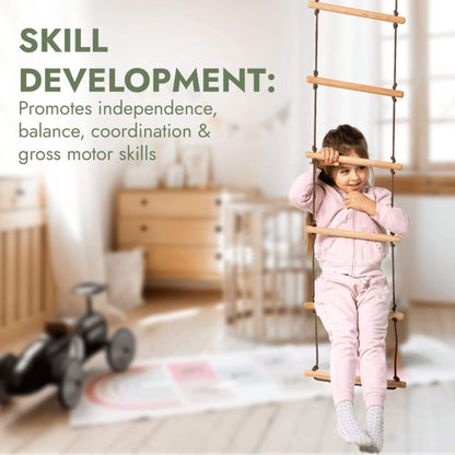 Child on a wooden swing with text about skill development in a room setting.