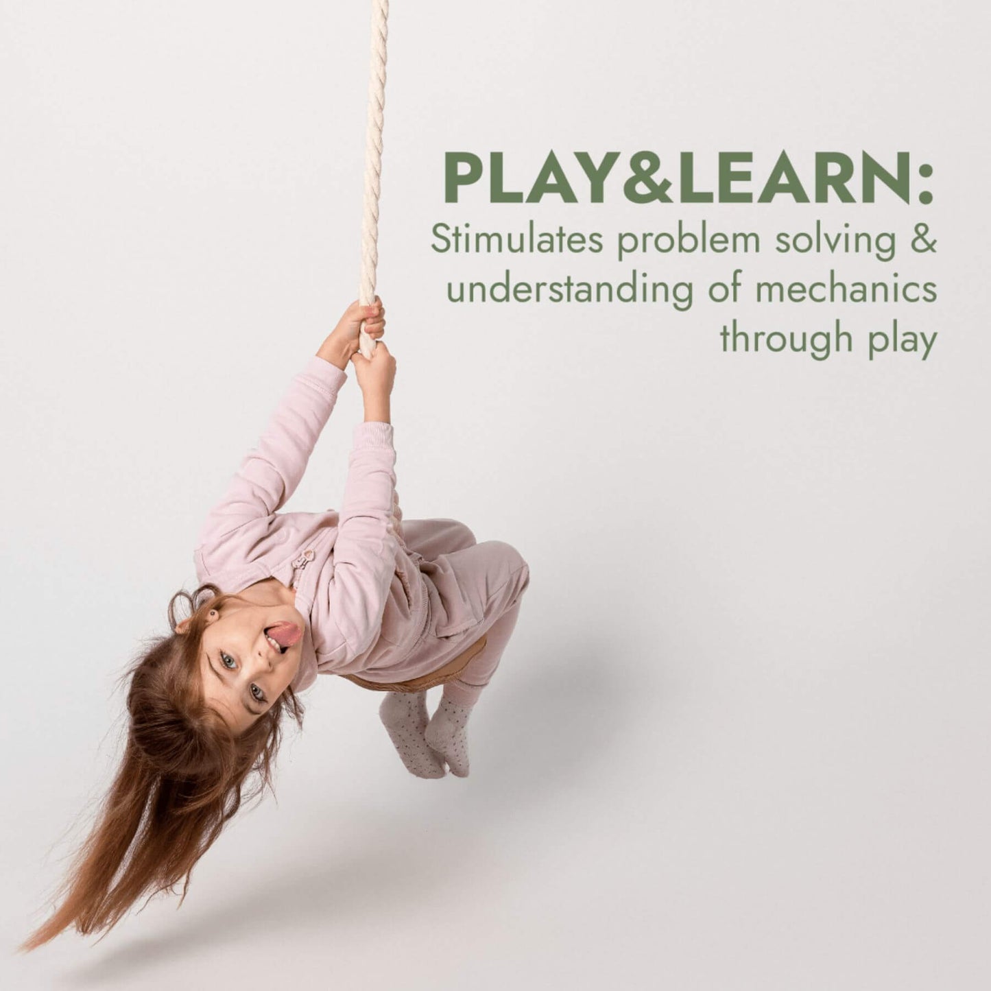 Child playing on a rope with text about play and learning on a light gray background