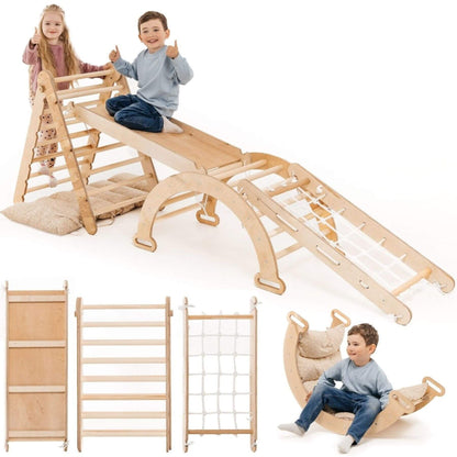 Children playing on Goodevas 5in1 Montessori Climbing Set with a slide, ladder, and other accessories on a white background.