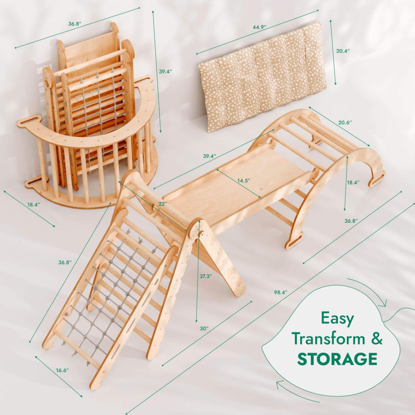 Goodevas 5in1 Montessori Climbing Set shown on a white background with dimension lines and text indicating easy transform and storage.
