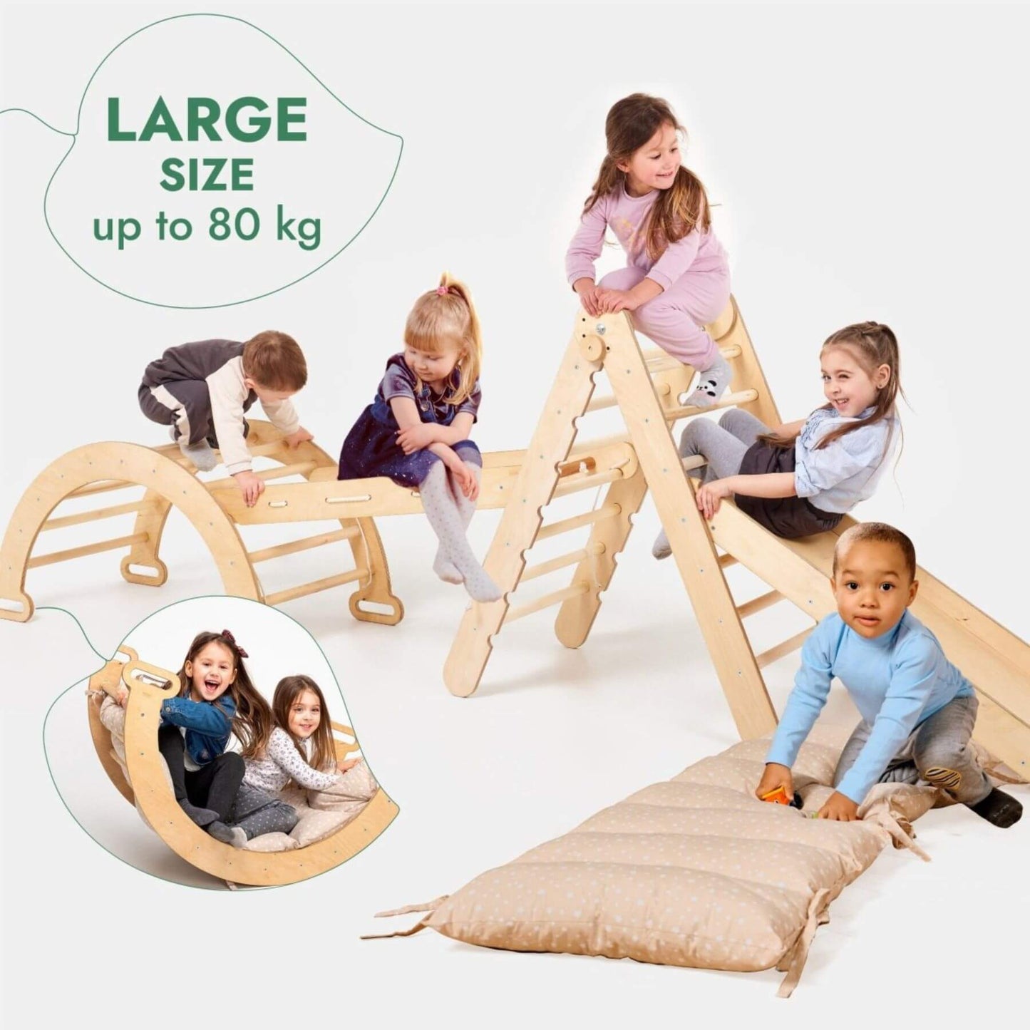Children playing on a wooden climbing structure with text indicating large size capacity.