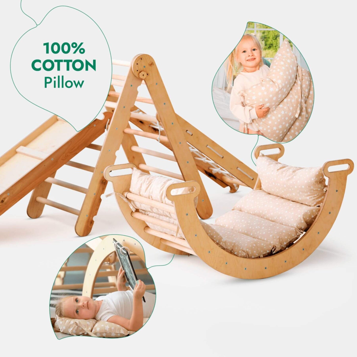 Goodevas 5in1 Montessori Climbing Set, surrounded by insets showing a baby using the product.