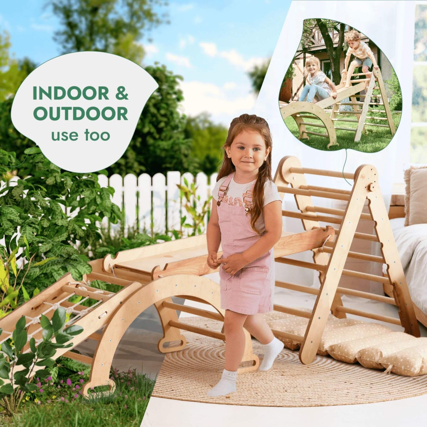 Child playing with a wooden climbing structure in an outdoor setting with text indicating indoor and outdoor use.