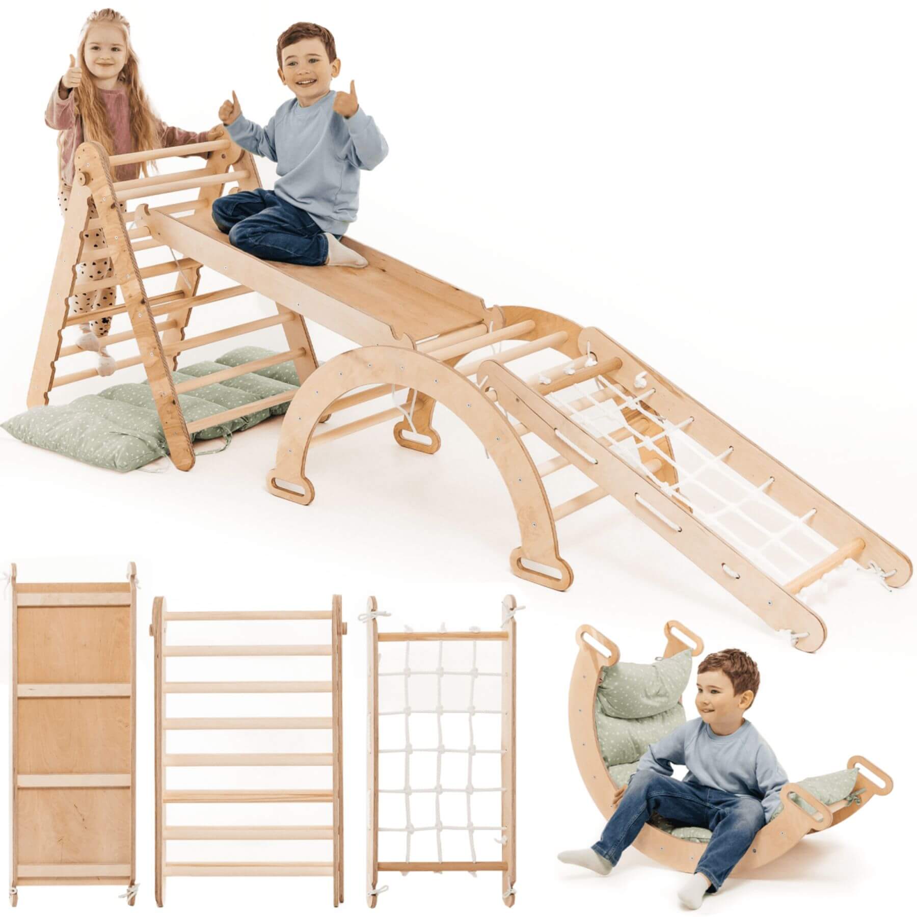 Children playing on Goodevas 5in1 Montessori Climbing Set with a slide, ladder, and rockers on a white background.