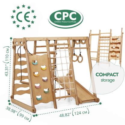 Goodevas 6in1 Indoor Jungle Gym, featuring CE and CPC logos, and labeled 'Compact storage'.