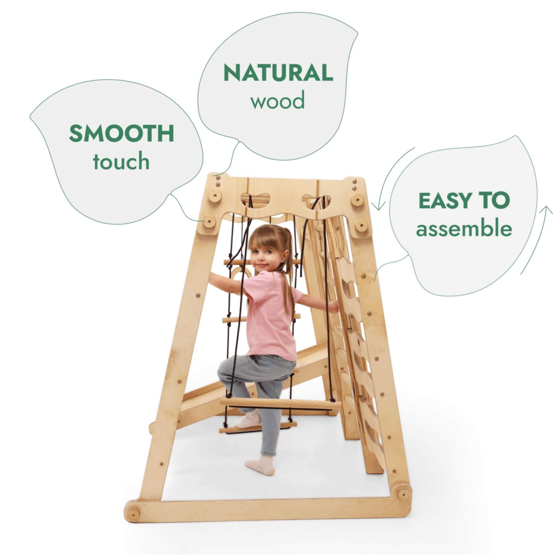 Goodevas 6in1 Indoor Jungle Gym with a child on it, featuring text about natural wood, smooth touch, and easy assembly.