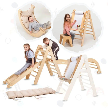 Collage of children playing with Goodevas 6in1 Montessori Climbing Set