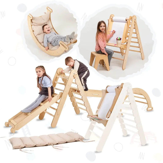Collage of children playing with Goodevas 6in1 Montessori Climbing Set