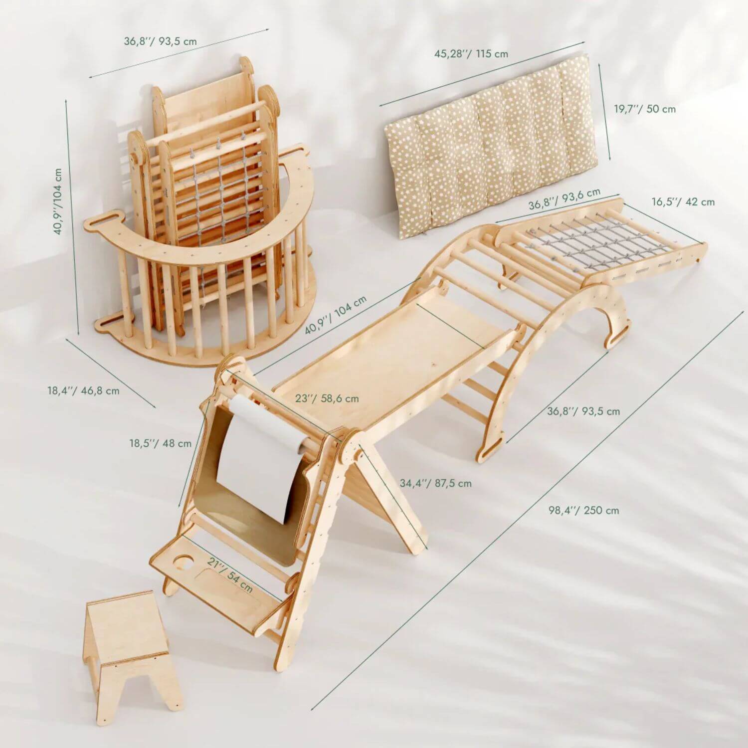 Goodevas 6in1 Montessori Climbing Set with dimension callouts on a white background