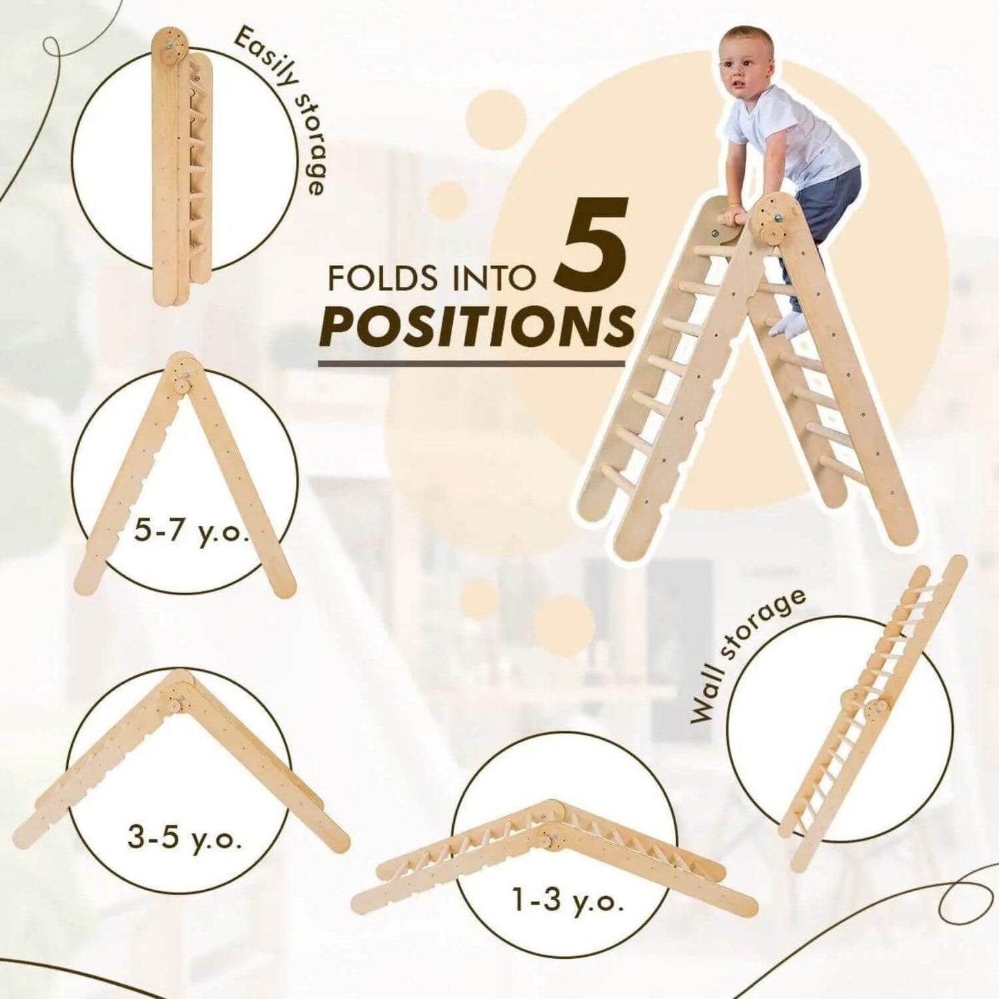 Wooden climbing toy with multiple positions and a child climbing it, on a light background.