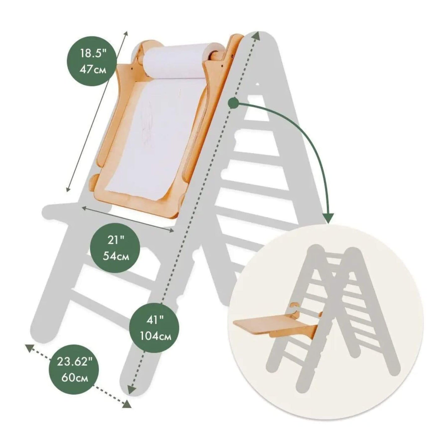 Measurement chart of Goodevas Art Addition to the Triangle Ladder with dimensions labeled.