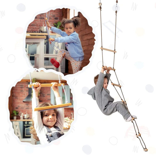 Children playing on Goodevas Climbing Rope Ladder with a blurred indoor background