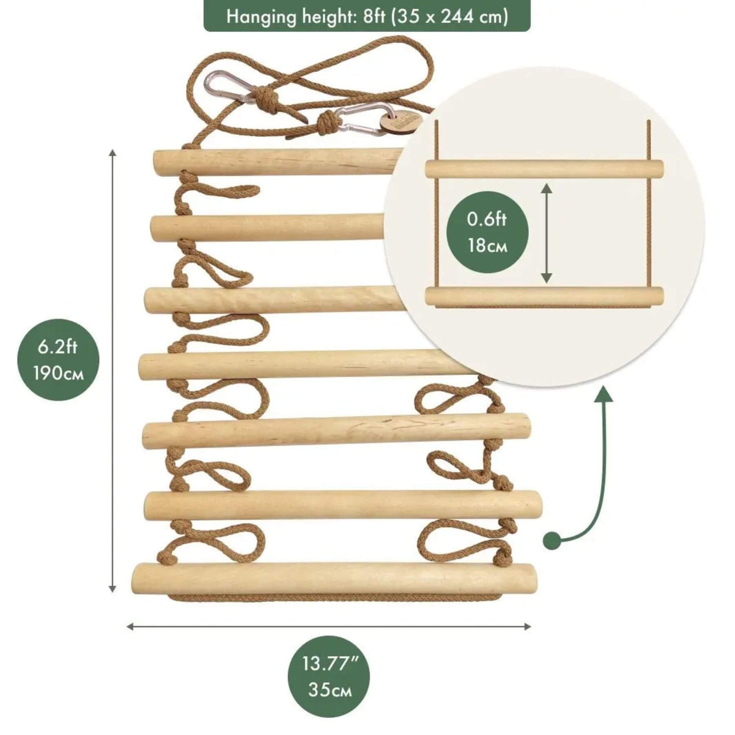 Goodevas Climbing Rope Ladder with dimensions and hanging height information on a white background