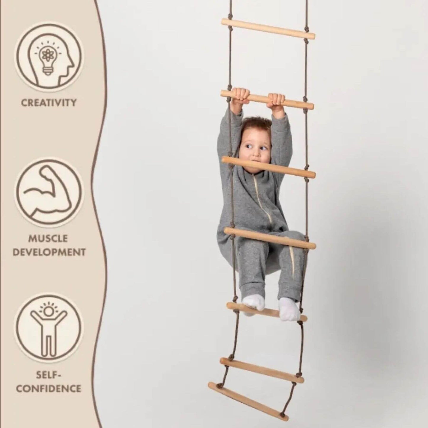 Child climbing Goodevas Climbing Rope Ladder with educational icons on the left side.