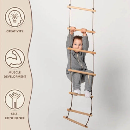Child climbing Goodevas Climbing Rope Ladder with educational icons on the left side.