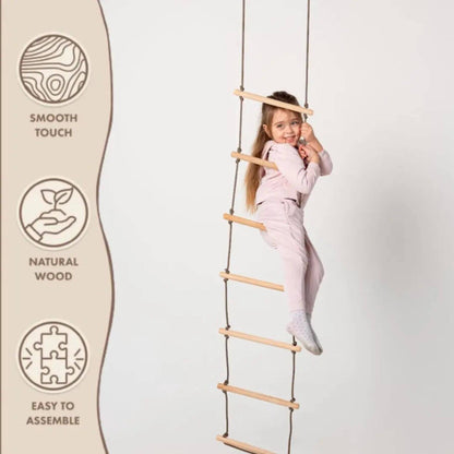 Child playing on Goodevas Climbing Rope Ladder with product features on the side.