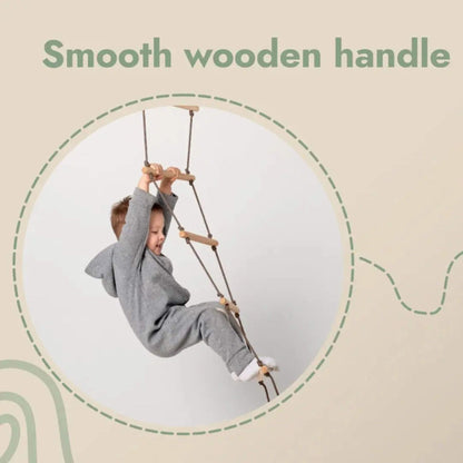 Child on Goodevas Climbing Rope Ladder, set against a beige background.