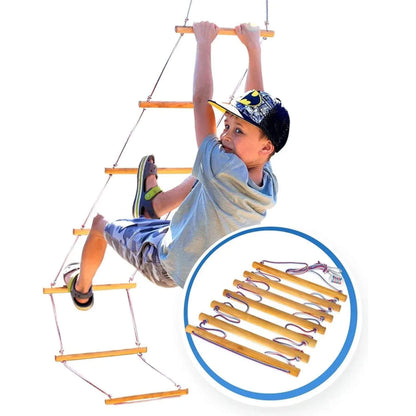 Child climbing Goodevas Climbing Rope Ladder with a close-up inset of the ladder rungs.