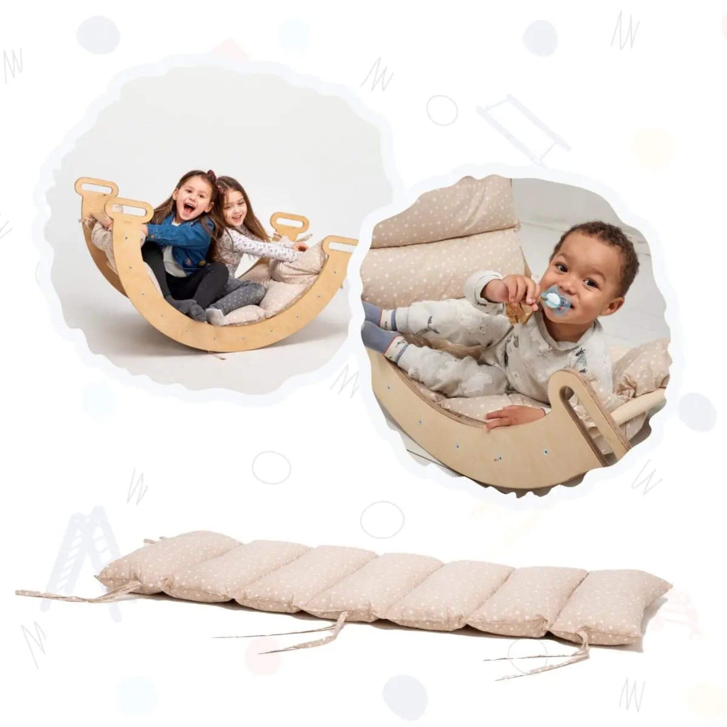 Children playing with a wooden rocking toy on a white background