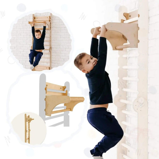 Child climbing on a wooden climber with a white background