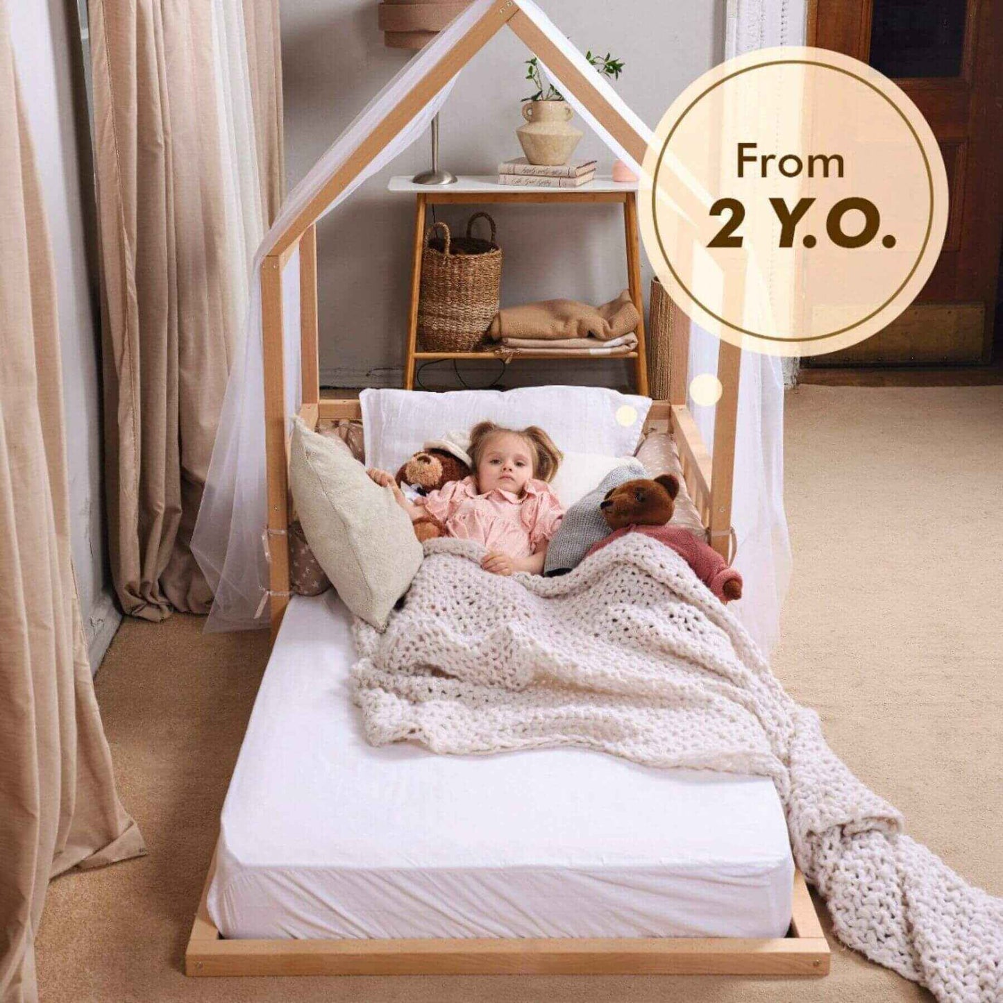Girl Sleeping on Goodevas Wooden Montessori House Floor Bed, in bedroom