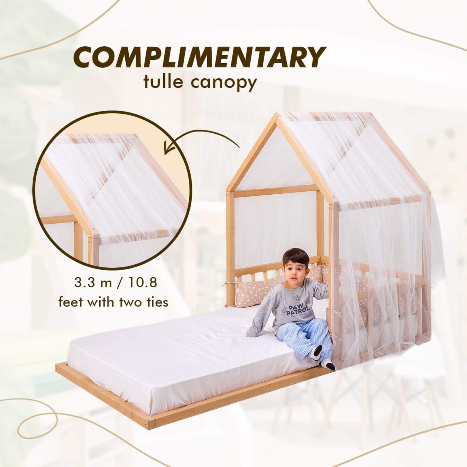 Boy sitting on Goodevas Wooden Montessori House Floor Bed