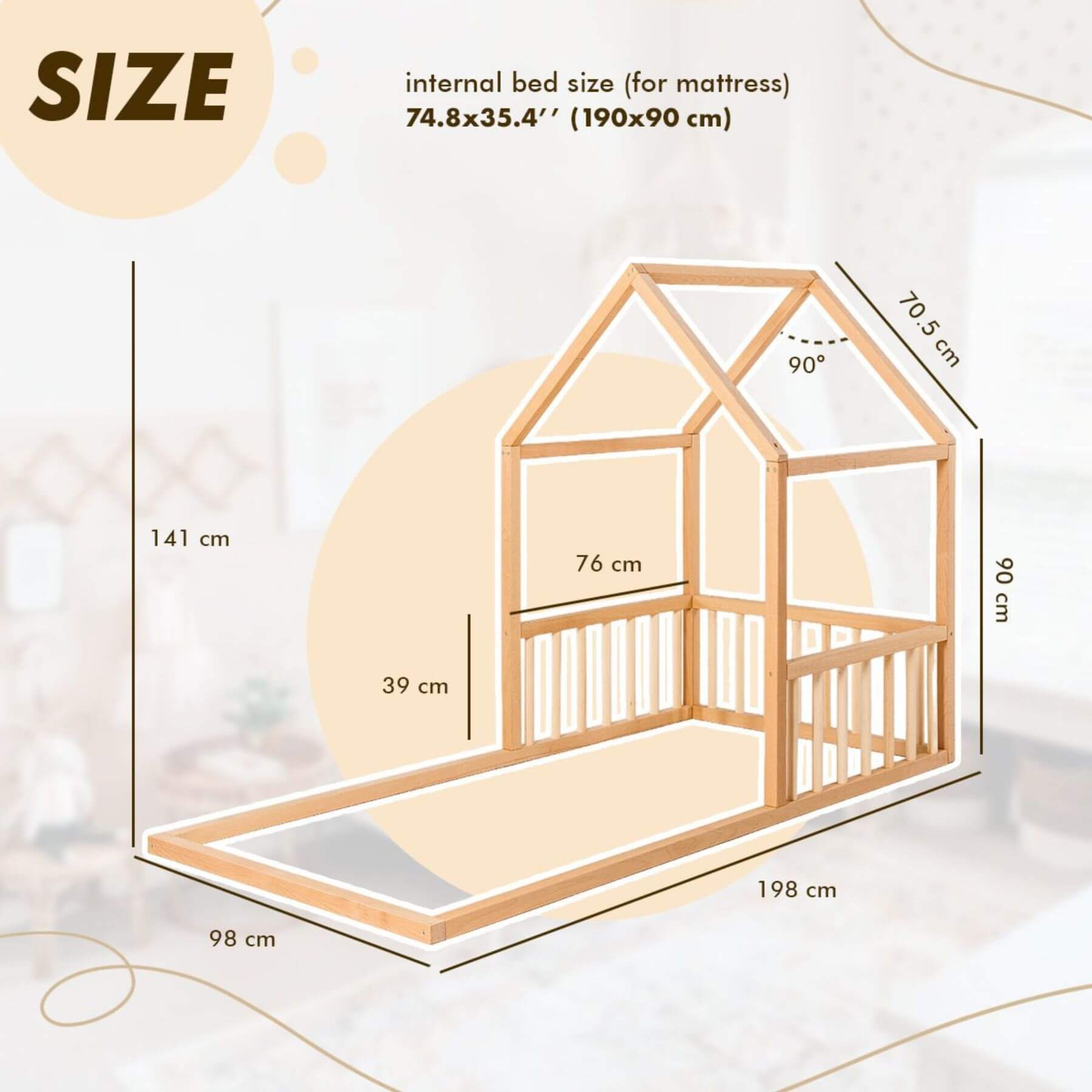Goodevas Wooden Montessori House Floor Bed with dimensions