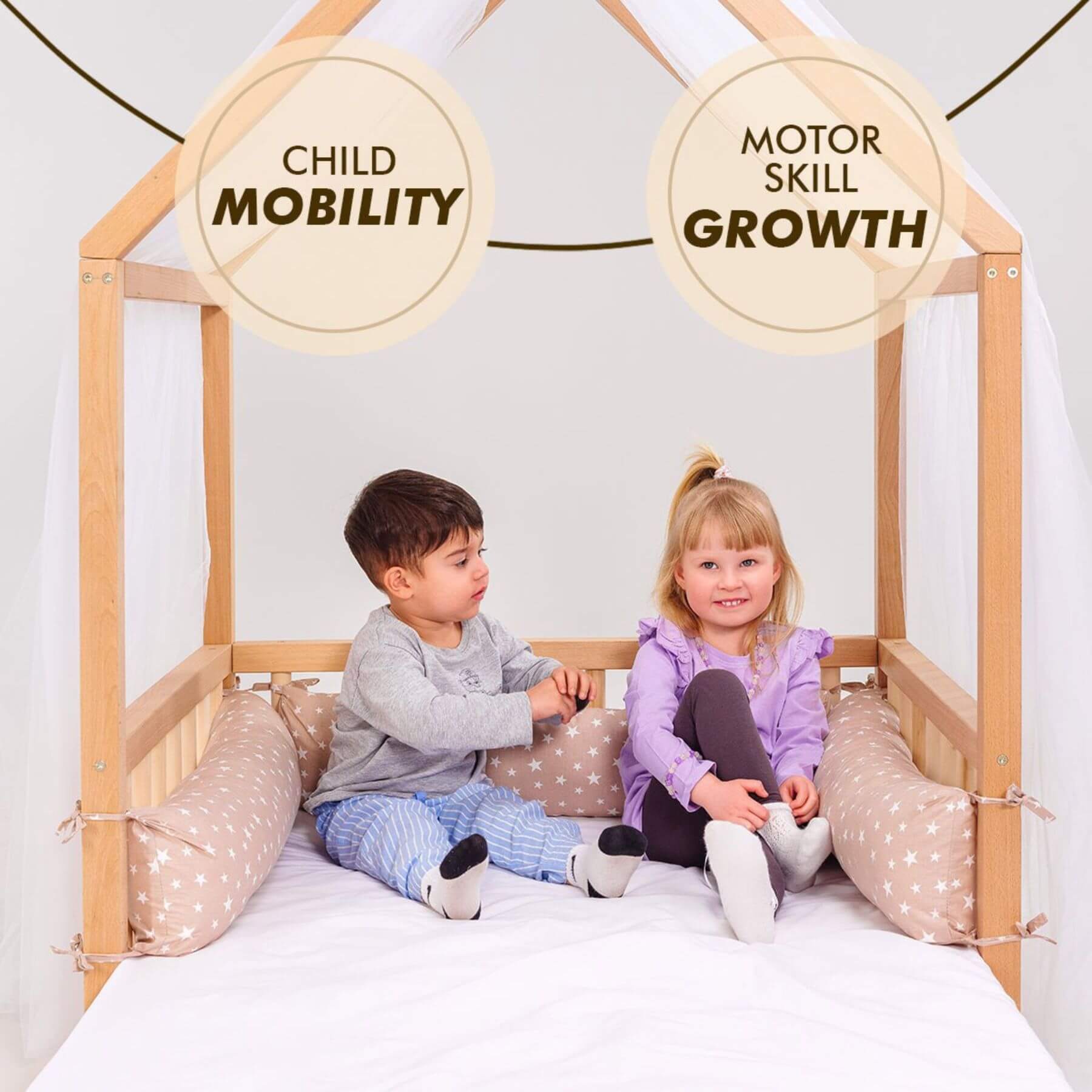 Kids Sitting on Goodevas Wooden Montessori House Floor Bed