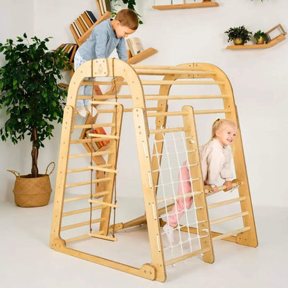 Two Kids playing with Goodevas Indoor Wooden Playground