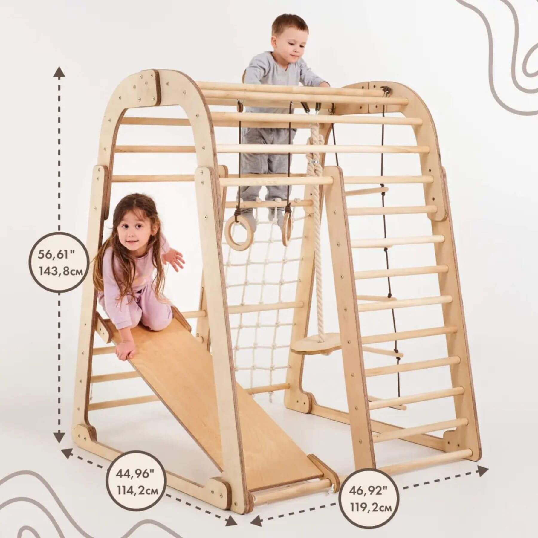 Two kids playing with Goodevas Indoor Wooden Playground, with dimensions
