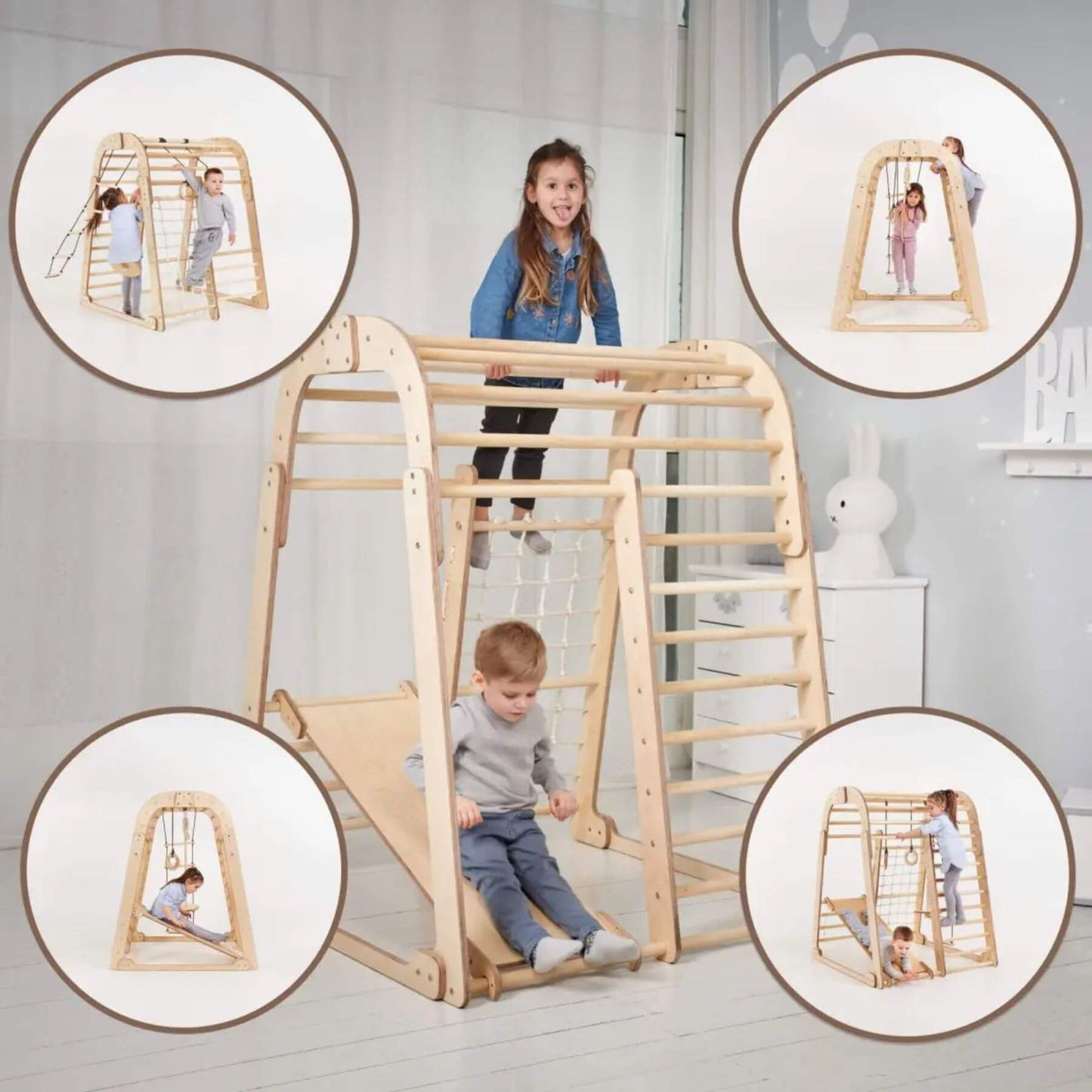 Two Kids playing with Goodevas Indoor Wooden Playground