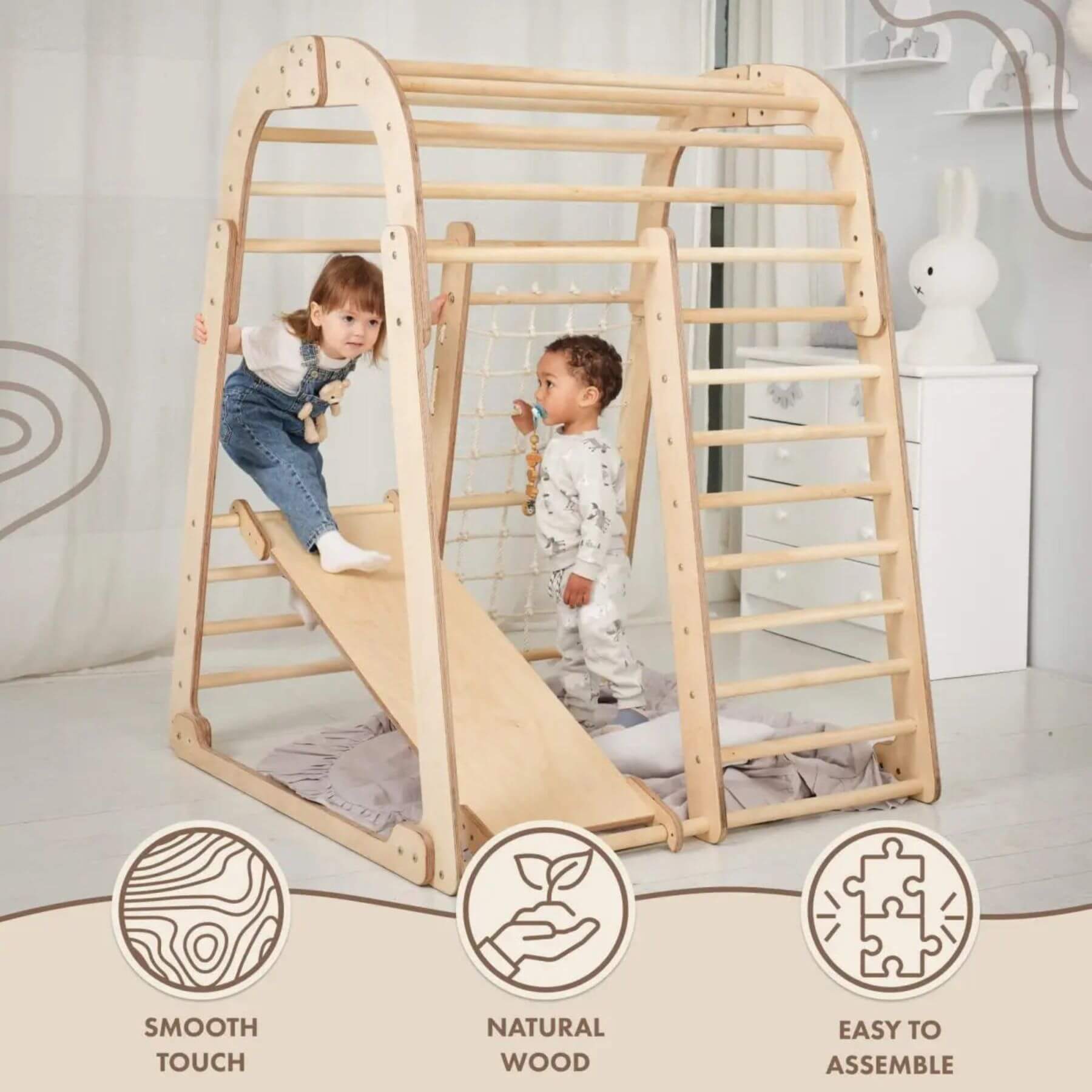 Two kids playing with Goodevas Indoor Wooden Playground, features