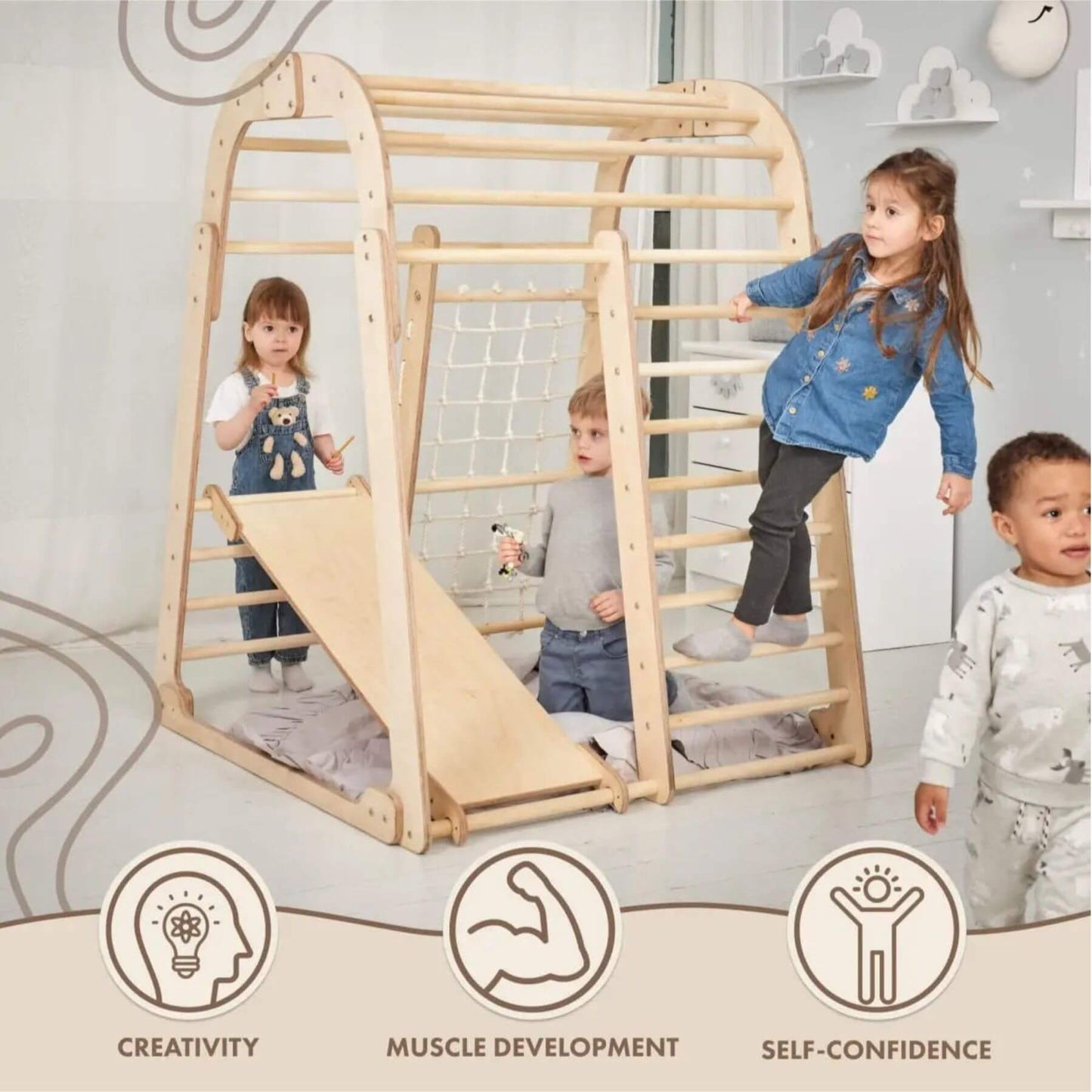 Kids playing with Goodevas Indoor Wooden Playground, benefits