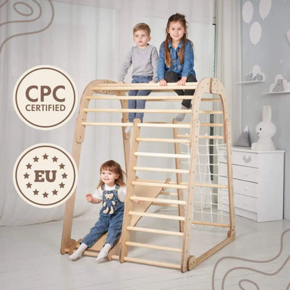 Kids playing with Goodevas Indoor Wooden Playground, with safety certifications displayed