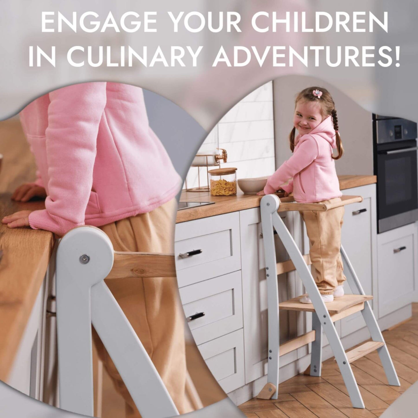 Child using Goodevas Learning Tower in a kitchen with text 'Engage your children in culinary adventures!'.