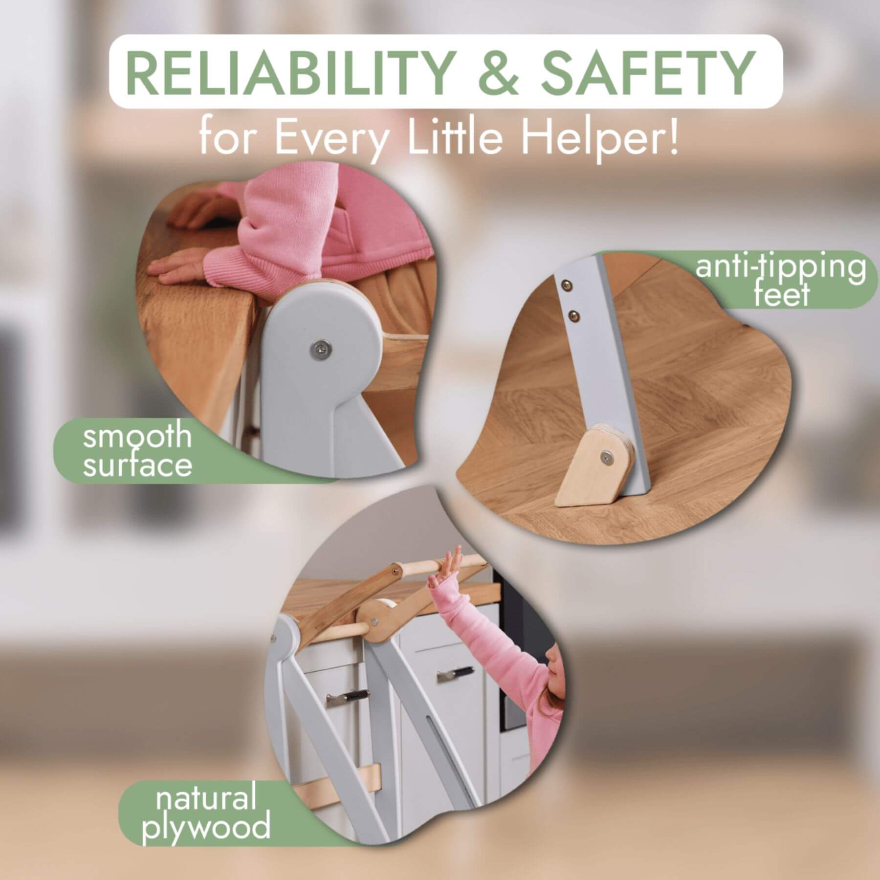 Goodevas Learning Tower with anti-tipping feet and smooth surface, labeled for reliability and safety.