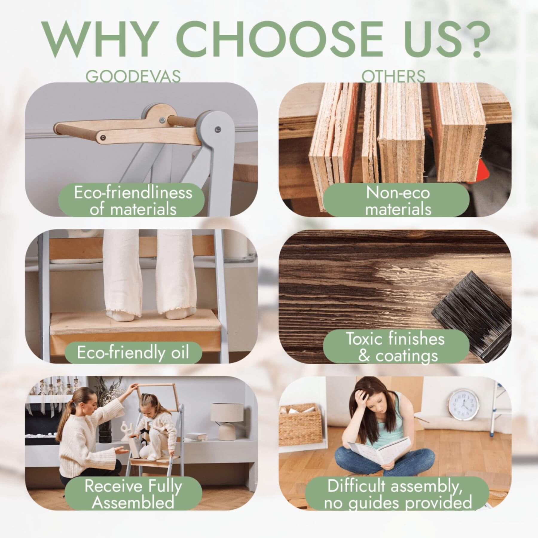 Comparison chart showing reasons to choose Goodevas over others in furniture or product assembly.