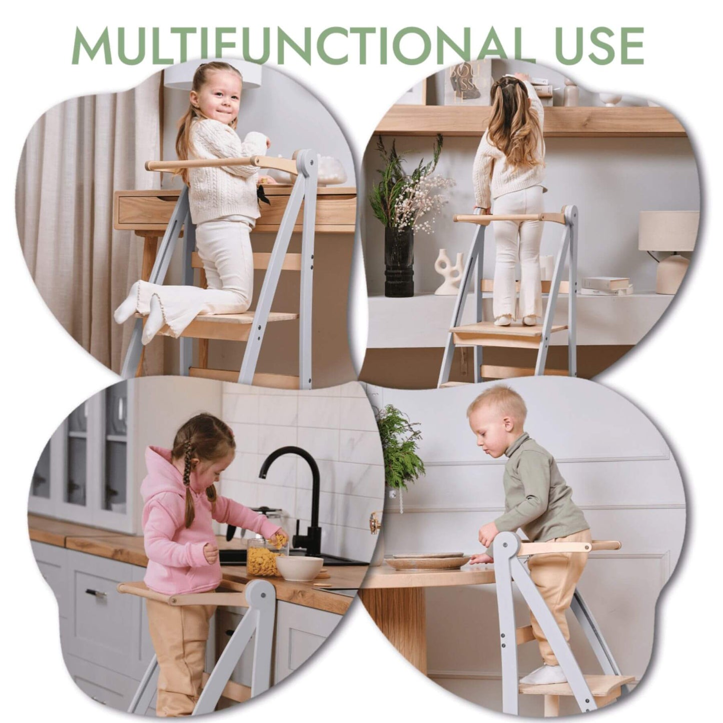 Collage of a child using a multifunctional stool in various settings.