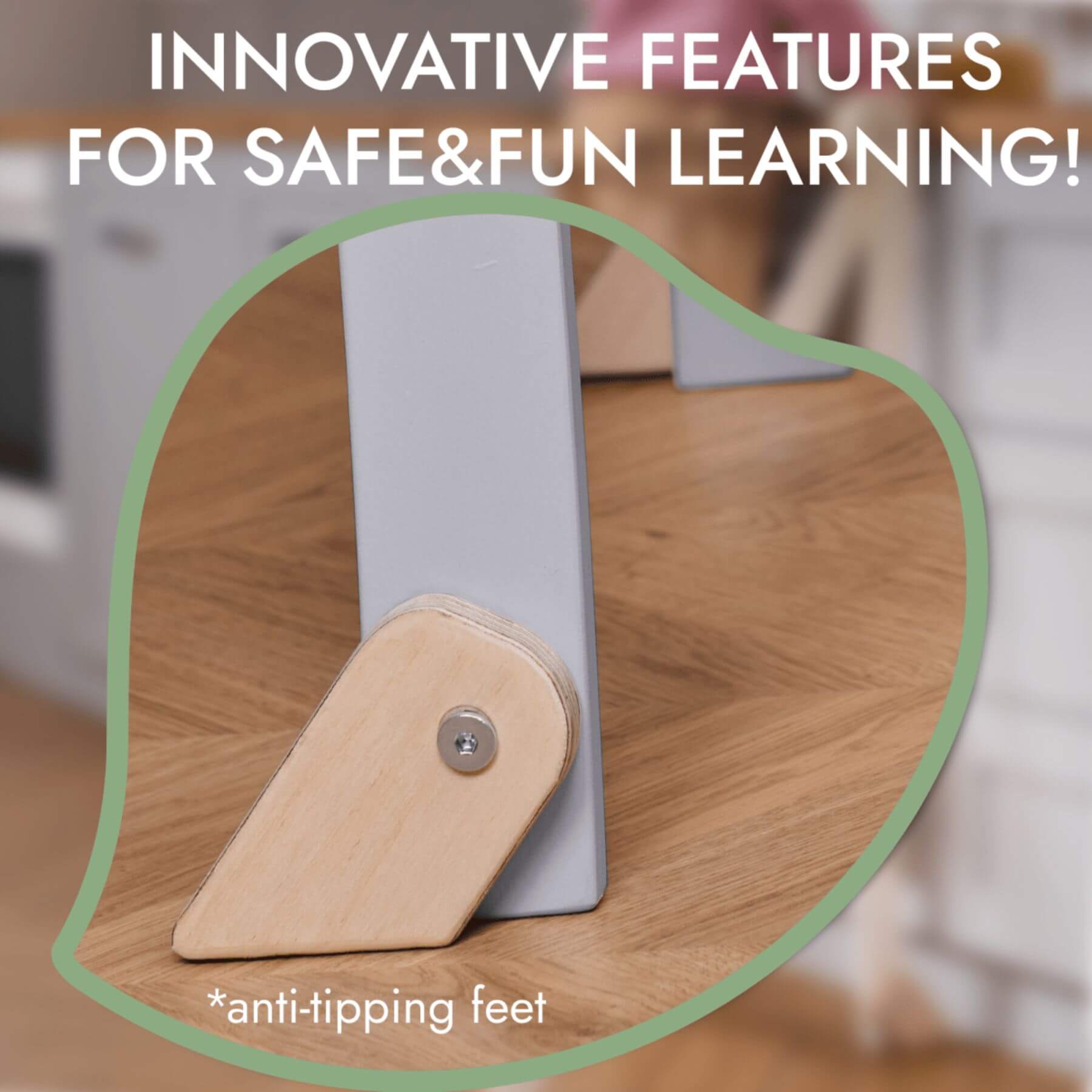 Goodevas Learning Tower with anti-tipping feet feature and text about safe and fun learning.