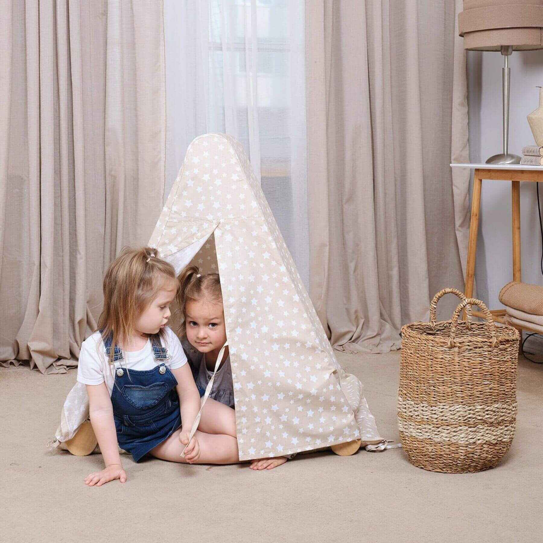 Two girls playing under Goodevas Play Tent Cover with Mat for Climbing Triangle Ladder